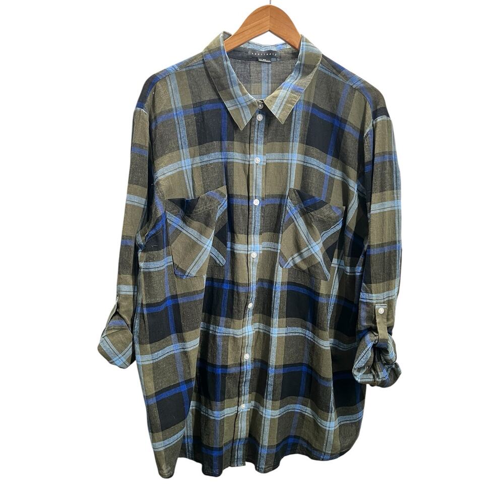 Sanctuary Cotton-Linen  Blend Olive Green & Blue Plaid Roll Tab Shirt Size 2X